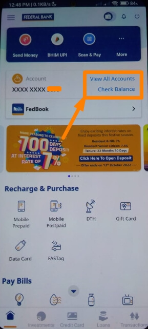 federal bank balance check by app