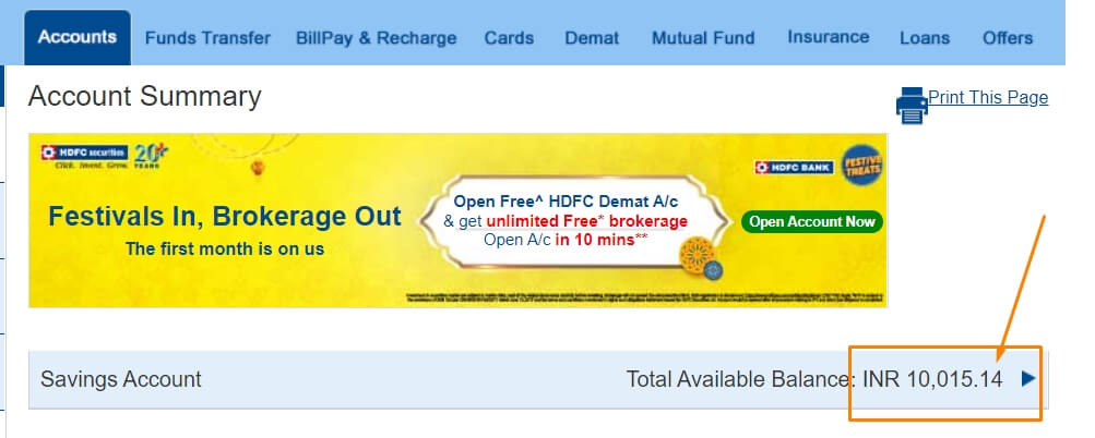 hdfc balance check by net banking