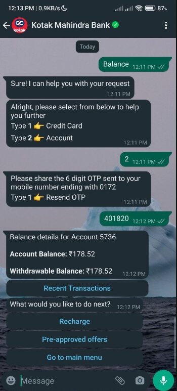 kotak balance check by whatsapp